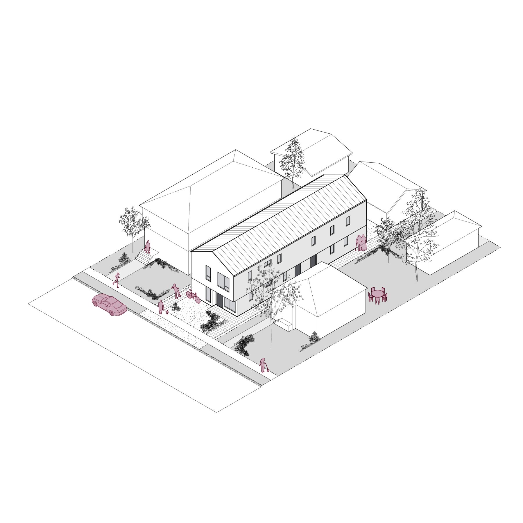 A 3D line rendering of Fourplex 01, totaling 1,658 square feet. The three-storey building is illustrated in a suburban setting with neighboring homes, trees, and walkways. Each of the four units has its own entrance and living space.